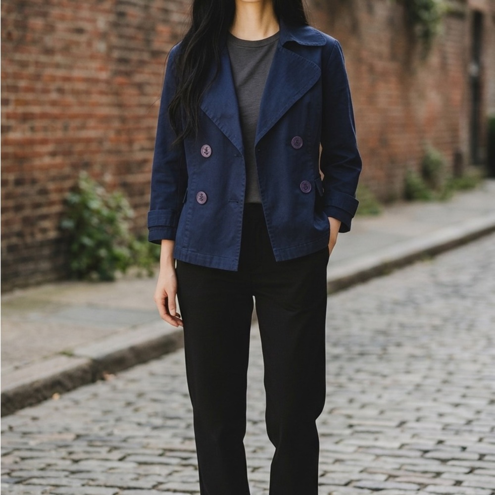 Trina Turk Navy Double-Breasted Cropped Peacoat Women’s Jacket Nautical Buttons
